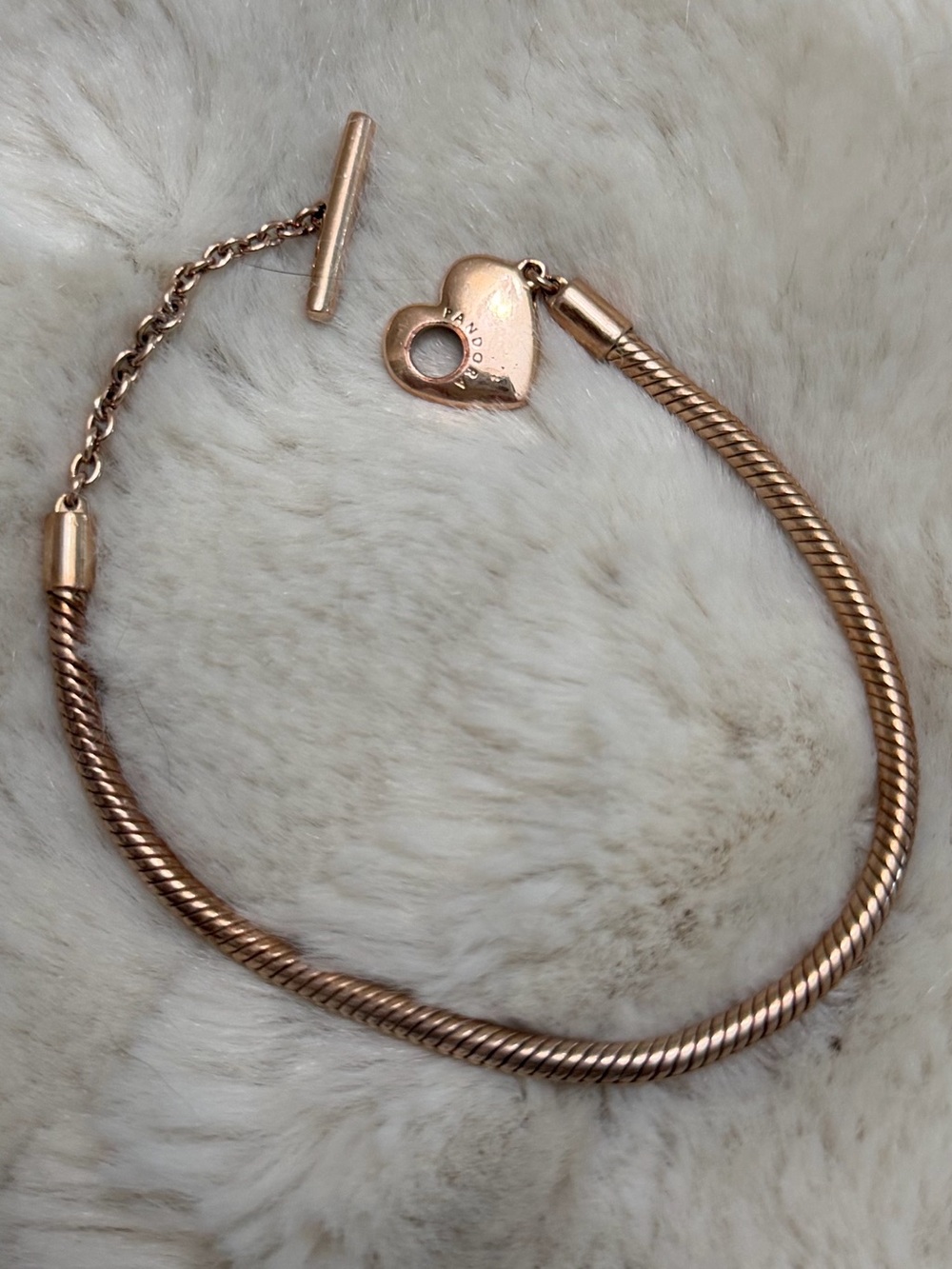 Pandora Rose Gold Snake Chain Bracelet with Heart Toggle